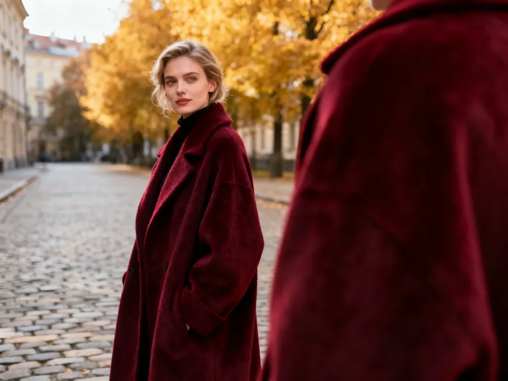 Stylowa kobieta w burgundowym płaszczu z wełny na tle jesiennego, europejskiego miasta.