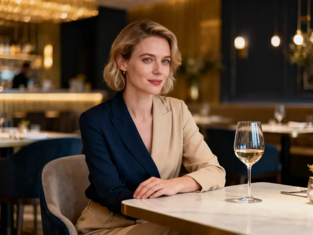 Elegancka kobieta w stroju smart-casual siedząca przy kieliszku wina w restauracji, idealna stylizacja na kolację firmową.