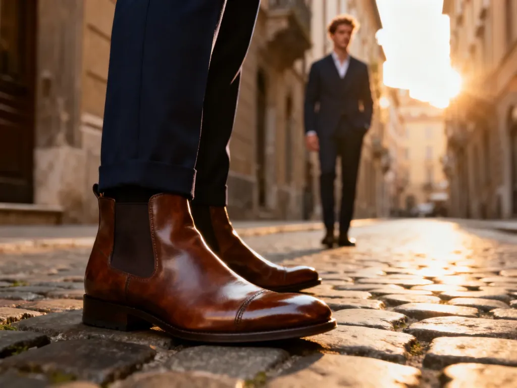 Eleganckie brązowe skórzane buty zestawione z granatowymi spodniami na tle klimatycznej, europejskiej uliczki.