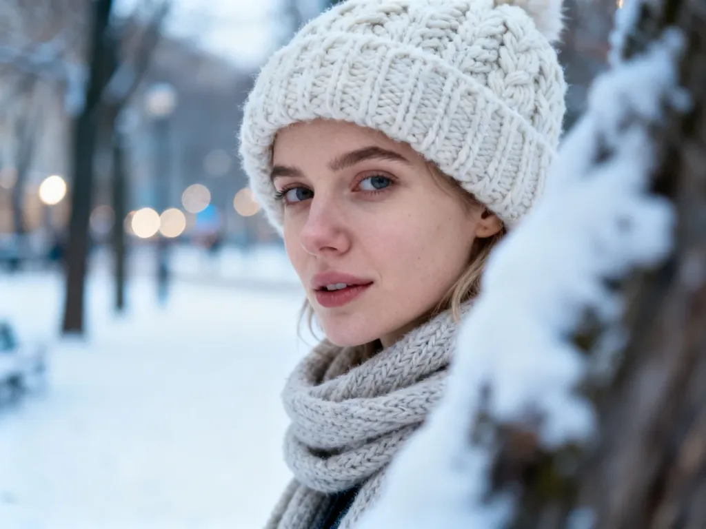 Kobieta w grubym, dzianinowym beanie i wełnianym szaliku w zimowej scenerii miejskiego parku.